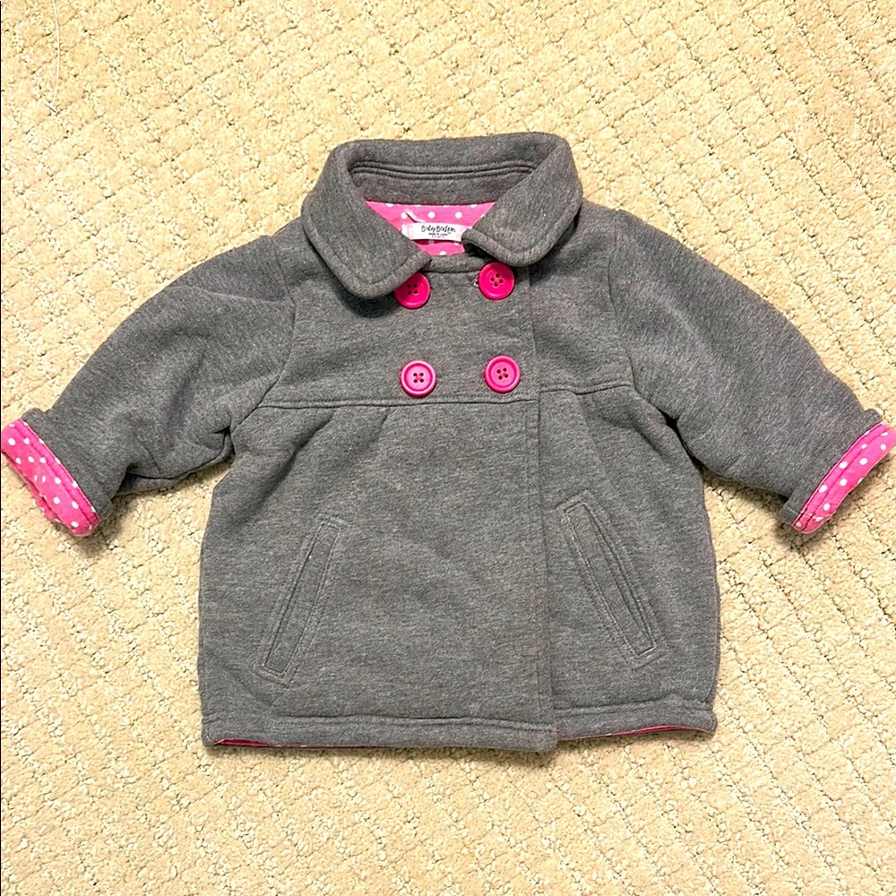 Baby Boden Gray Pea Coat with Pink Buttons